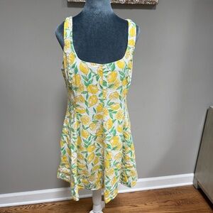 Gap lemon print cotton linen cotton mini sun dress size large side zip smocked